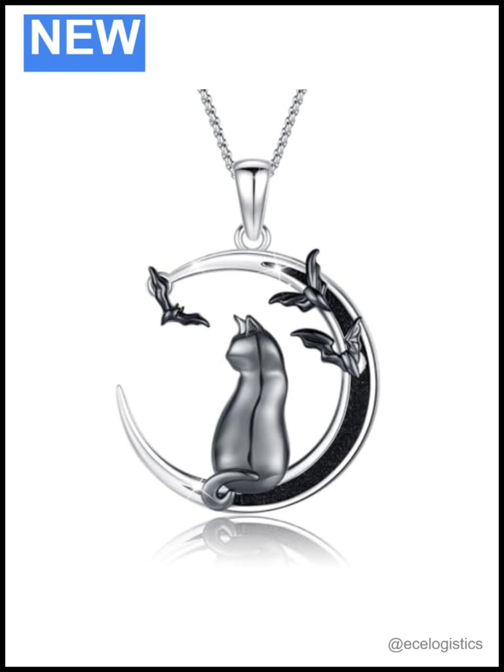 925 Sterling Silver Black Cat Crescent Moon Pendant Necklace Gothic